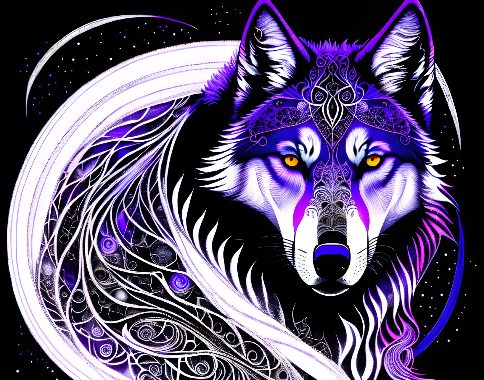 Detailed wolf illustration with purple and white patterns on starry night backdrop