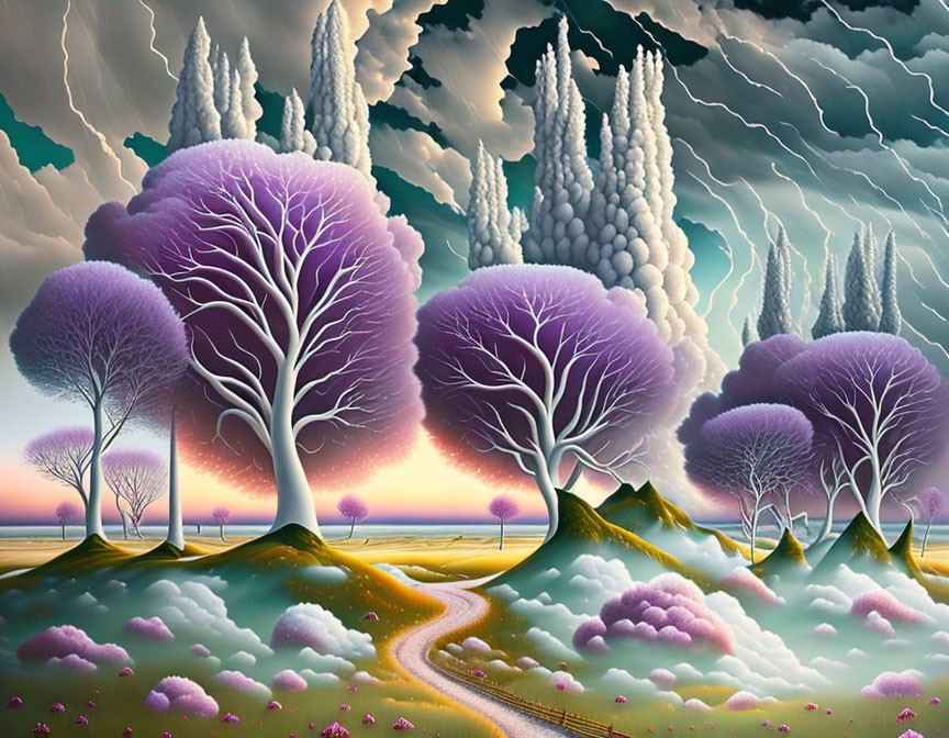 Purple Trees and Lightning Sky in Surreal Landscape