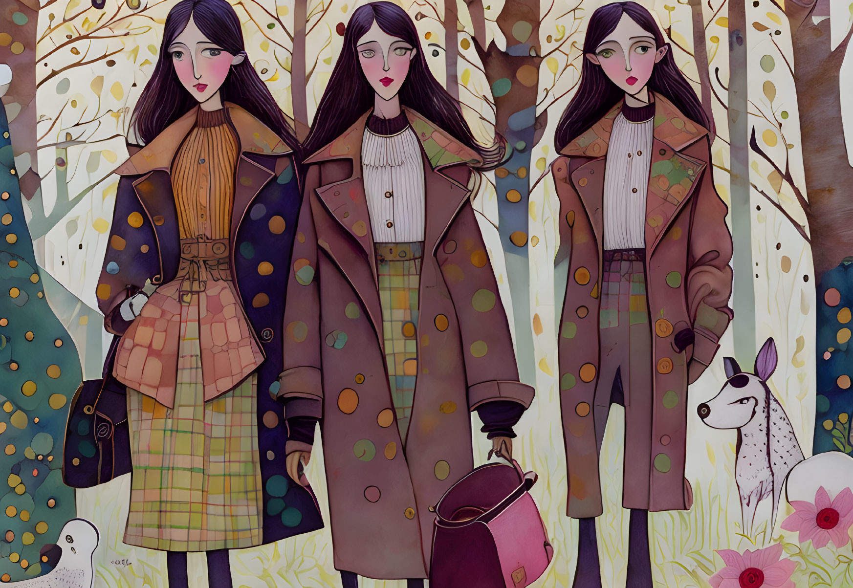 Illustrated women in stylish autumn attire with forest backdrop and animals