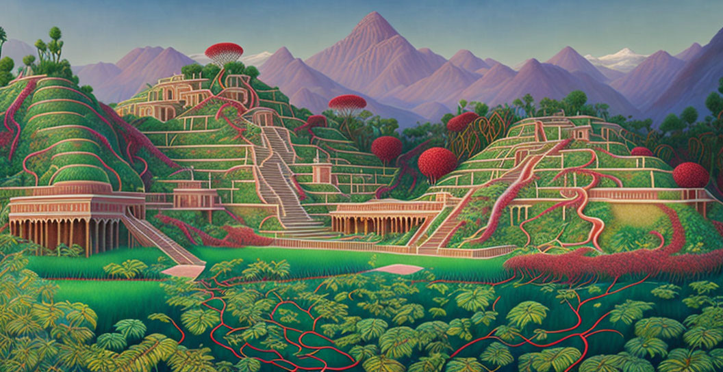 Lush terraced landscape with step pyramids and mountains