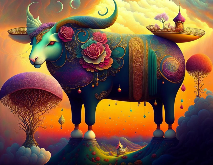 Vibrant surreal illustration: Decorated bull with garden on back, whimsical landscape.