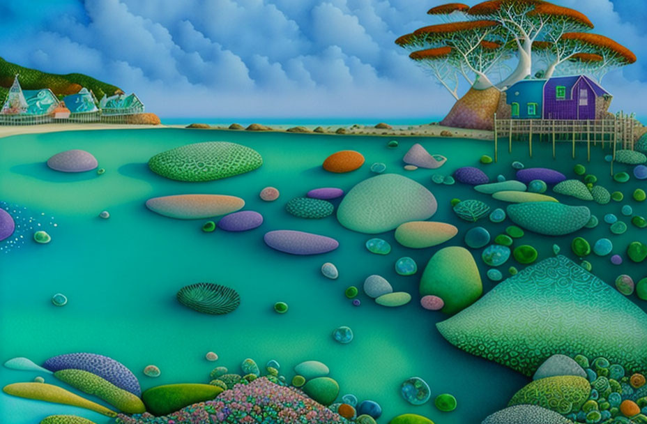 Colorful Stylized Landscape with Round Stones and House on Stilts