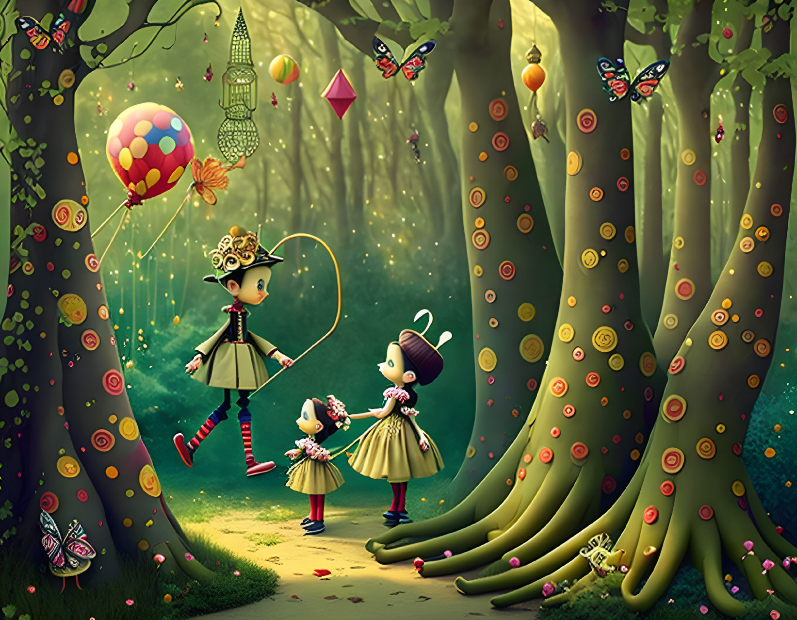 Illustration of childlike figures in leafy attire holding hands in vibrant forest with lanterns, balloons