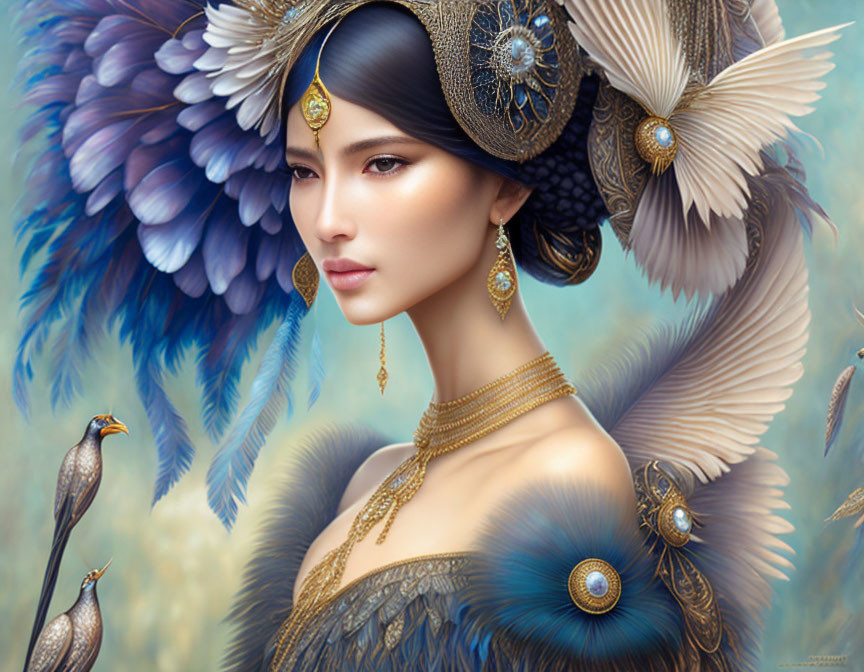 Woman with Blue Feathered Wings and Golden Jewelry Portrait