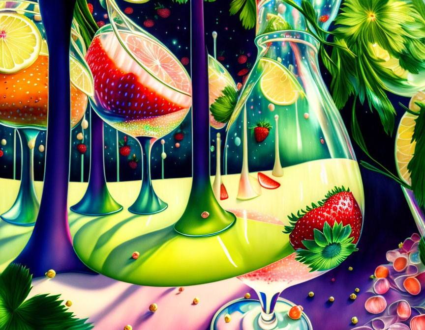 Colorful surreal fruit-themed artwork: upside-down glasses, pouring liquids, strawberries, citrus, and berries