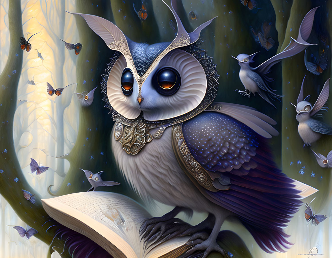 Illustrated owl with large eyes and golden amulet on open book in forest scene