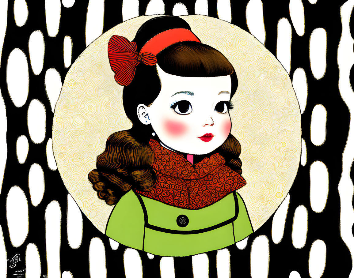 Illustration of girl with rosy cheeks in green coat and headband.