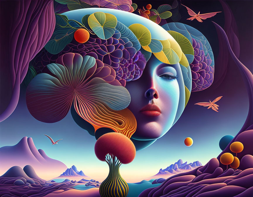 Colorful digital artwork: Woman's face merges with surreal landscape