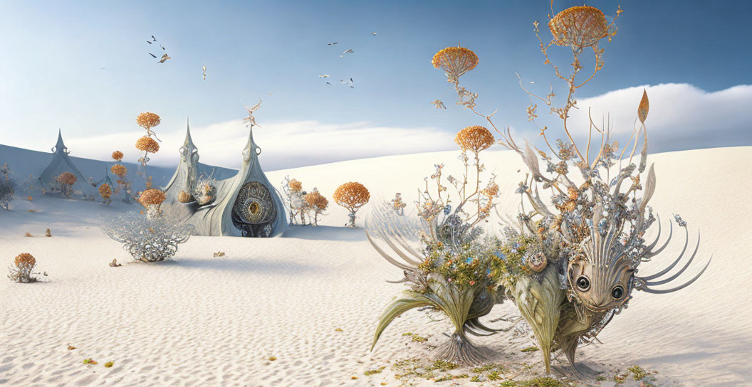 Whimsical desert landscape with floral-animal hybrids and teardrop structures