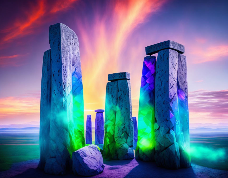 Vibrant lights on standing stones at sunset with serene landscape