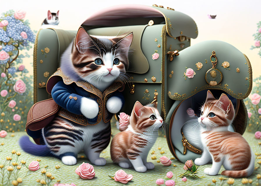 Three cartoon kittens with suitcase and hatbox in whimsical illustration