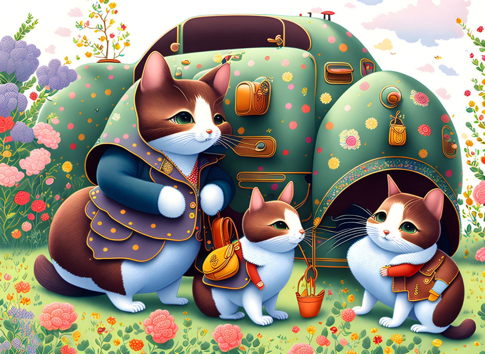 Anthropomorphic cats in vintage attire with floral car in colorful landscape