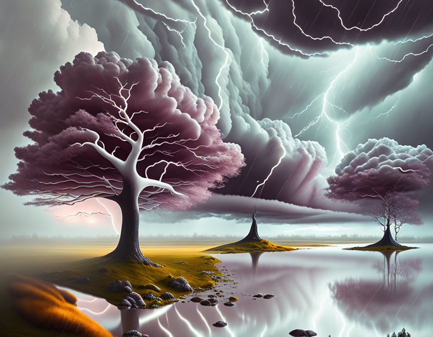 Surreal landscape with dramatic sky, lightning, trees, and mirror-like water.