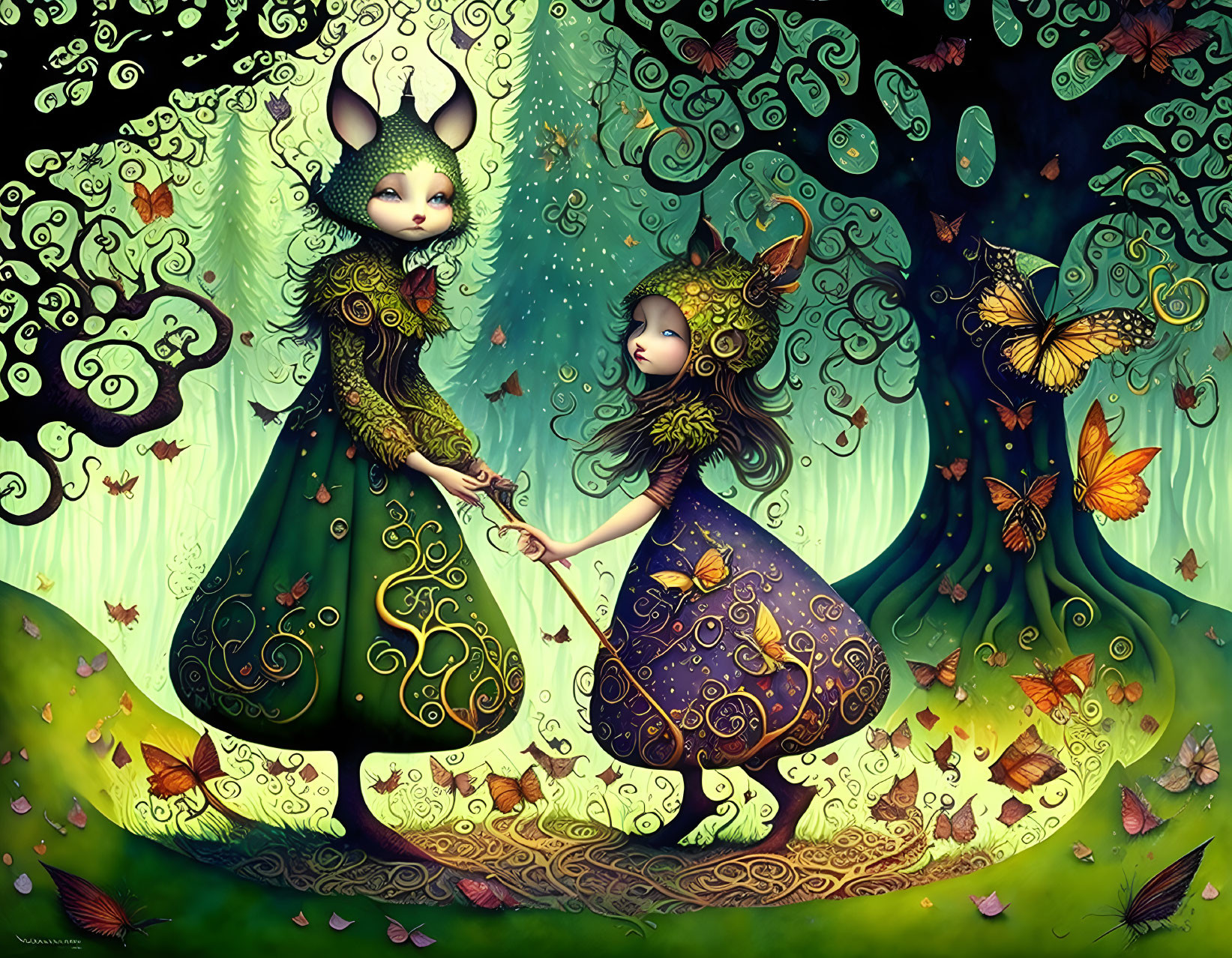 Fantasy illustration: Two characters in ornate dresses with animal-like features, surrounded by butterflies in a