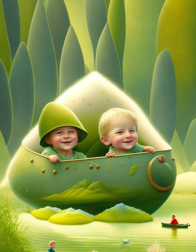 Two babies in pea pod boat on calm waters with whimsical landscape