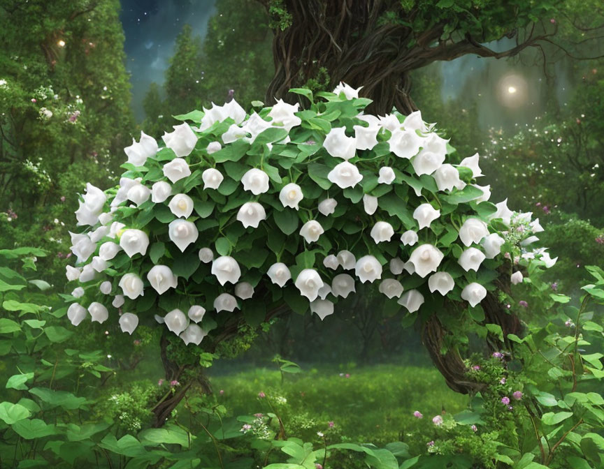 White Bell-Shaped Flowers on Lush Tree Under Starry Sky