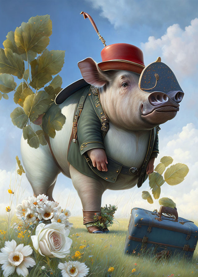 Anthropomorphic pig in vintage attire with suitcase, surrounded by flowers and leaves