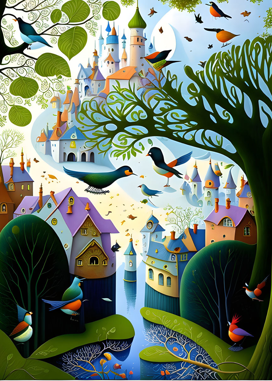 Colorful Fairy Tale Castles and Birds in Vibrant Forest Scene