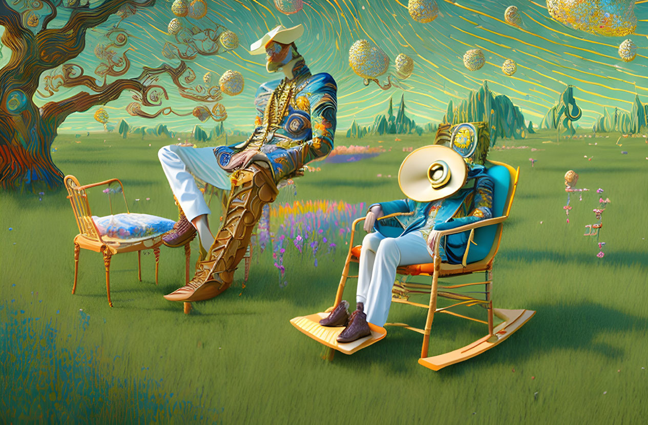 Surreal stylized characters in Van Gogh-inspired landscape