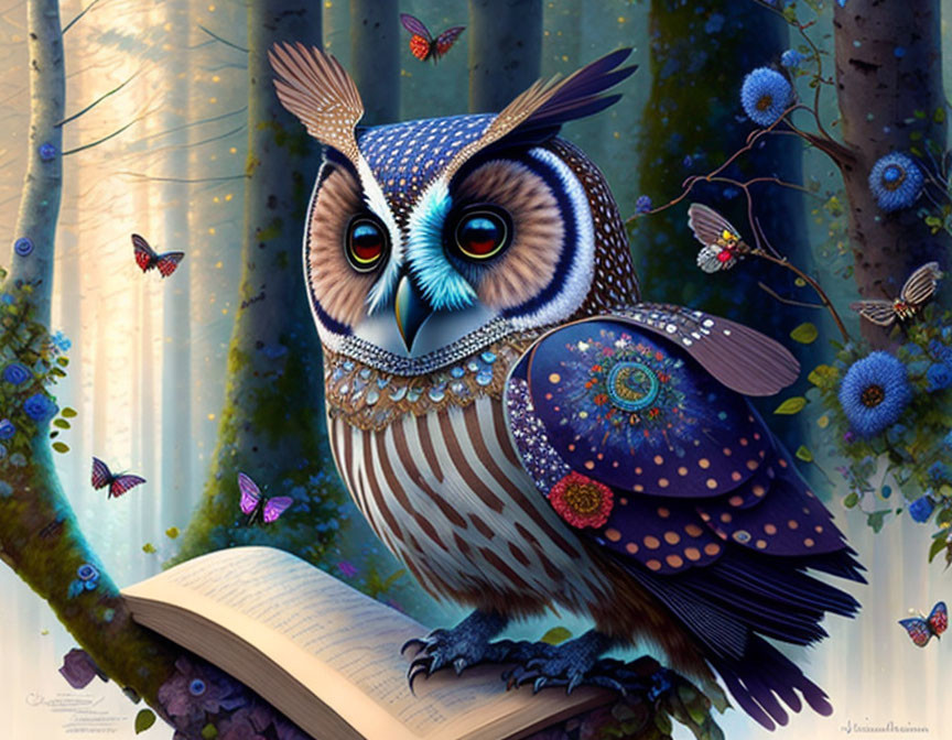 Colorful Owl Sitting on Book Surrounded by Trees and Butterflies