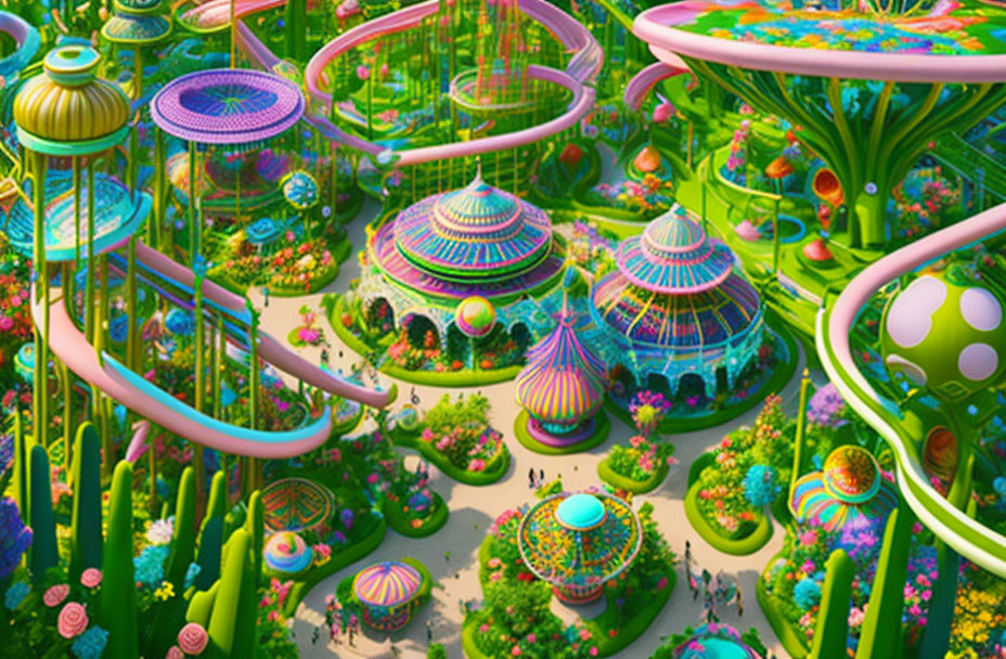 Colorful illustration of whimsical futuristic garden with elaborate structures