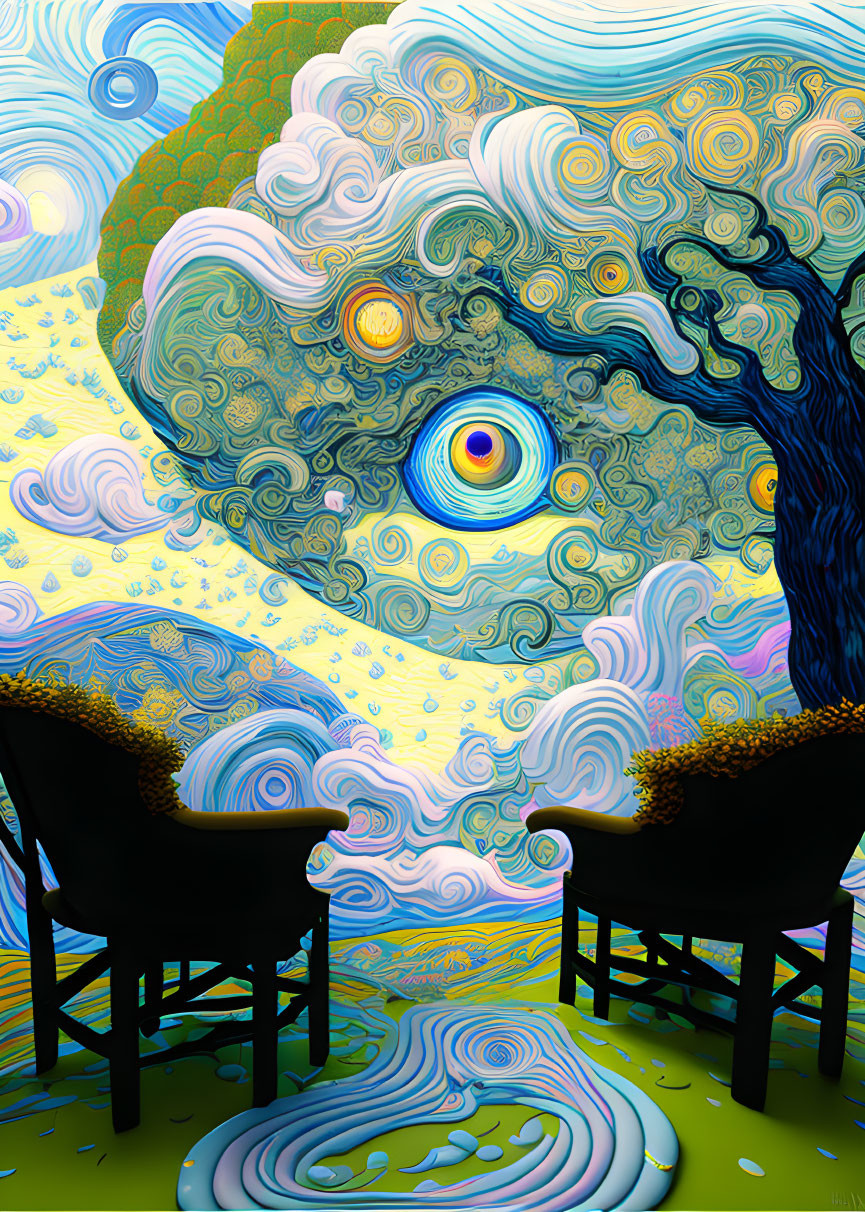 Vibrant surreal landscape with swirling patterns and eye-like formation