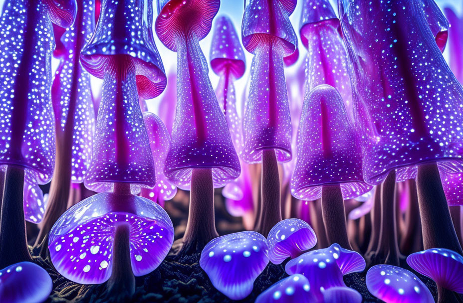 Vibrant purple mushrooms glowing in fantasy setting