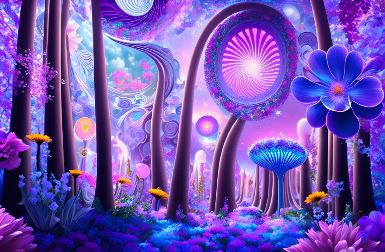 Fantastical purple forest with swirling trees and oversized flowers