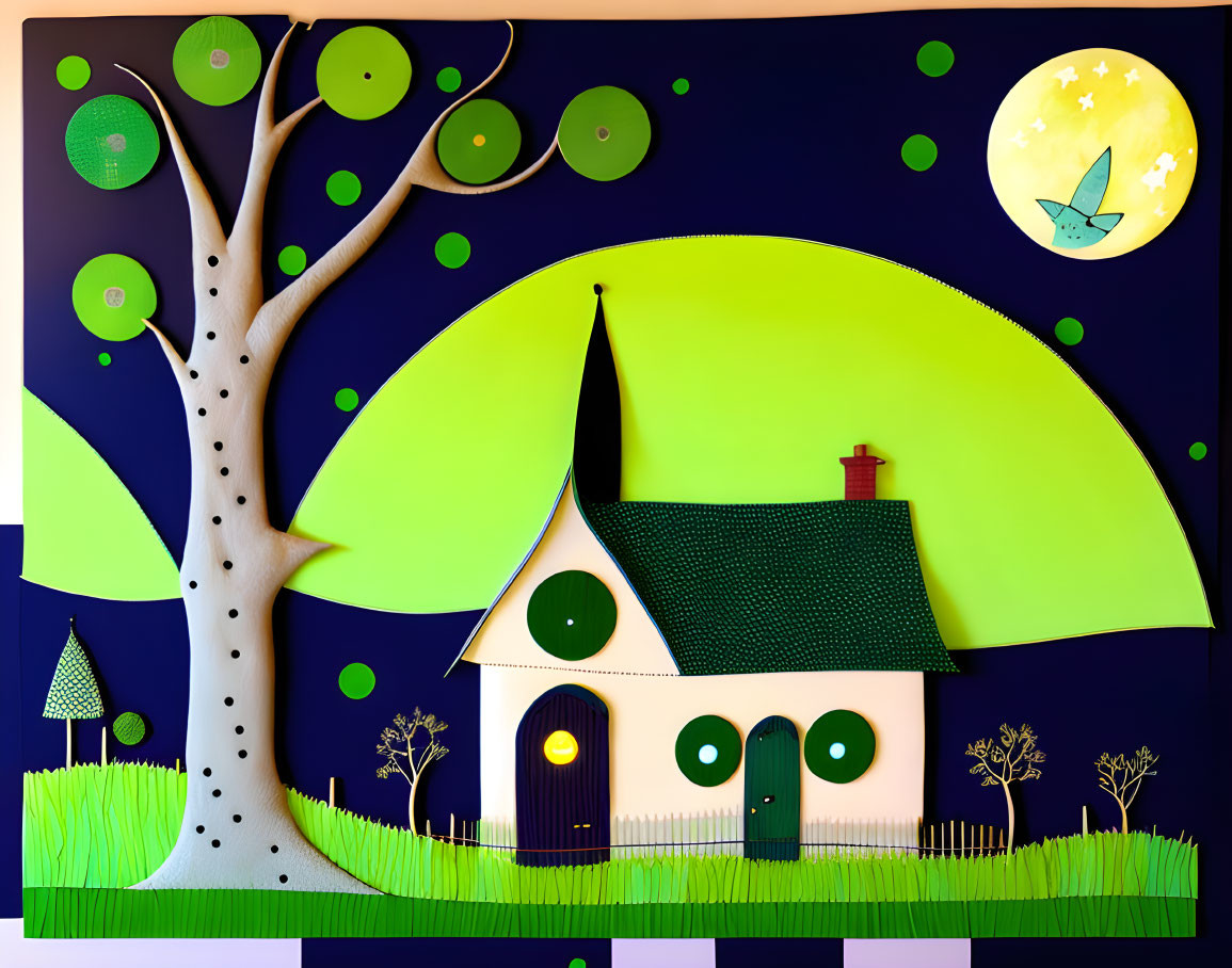 Colorful paper art scene: house, tree, moon, bird.