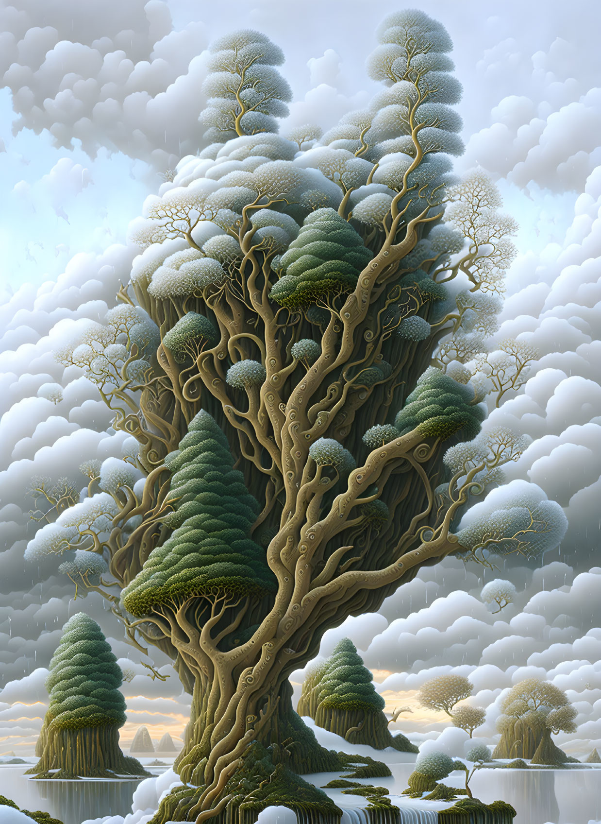 Surreal artwork: massive tree with intricate branches and snow-capped foliage by calm water and soft