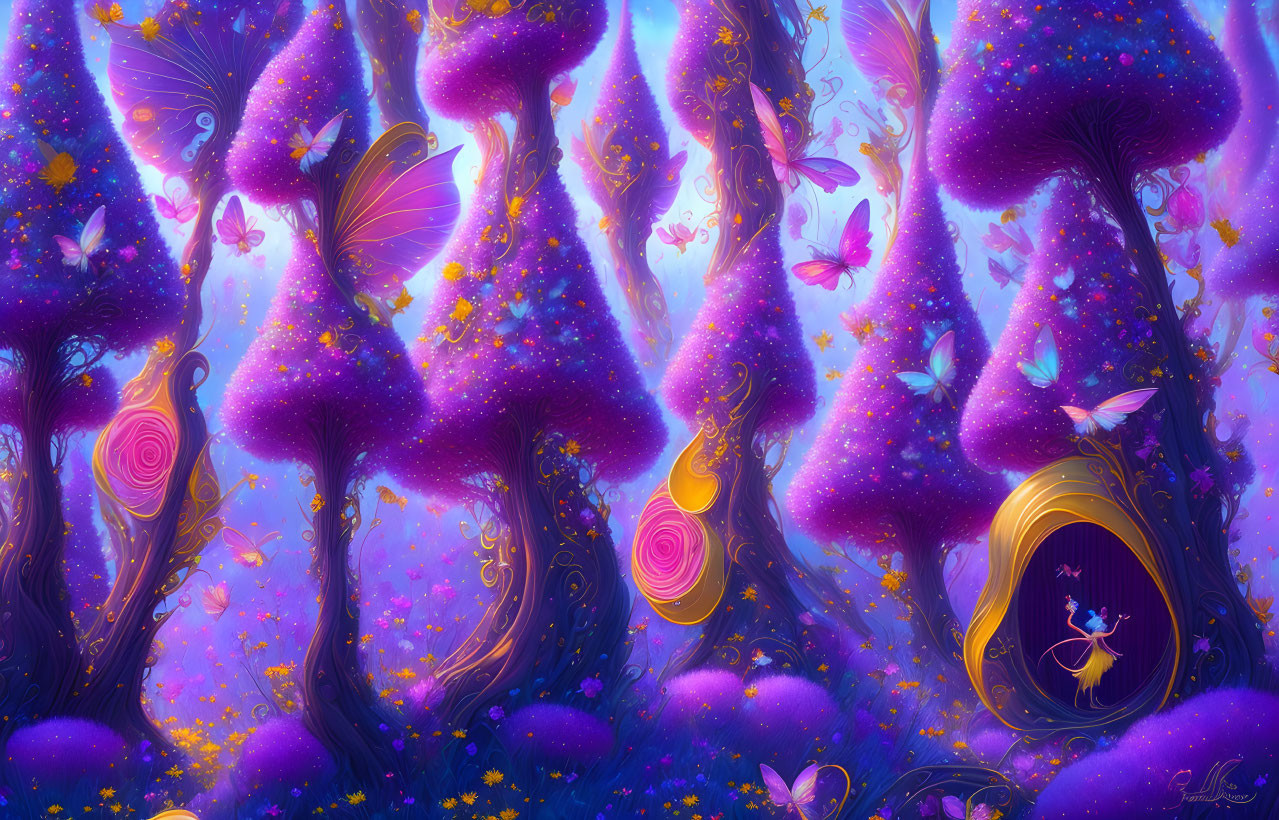 Fantasy forest with whimsical trees and glowing spirals in purple and blue hues