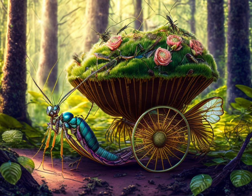 Colorful insect pulling mushroom carriage in lush forest