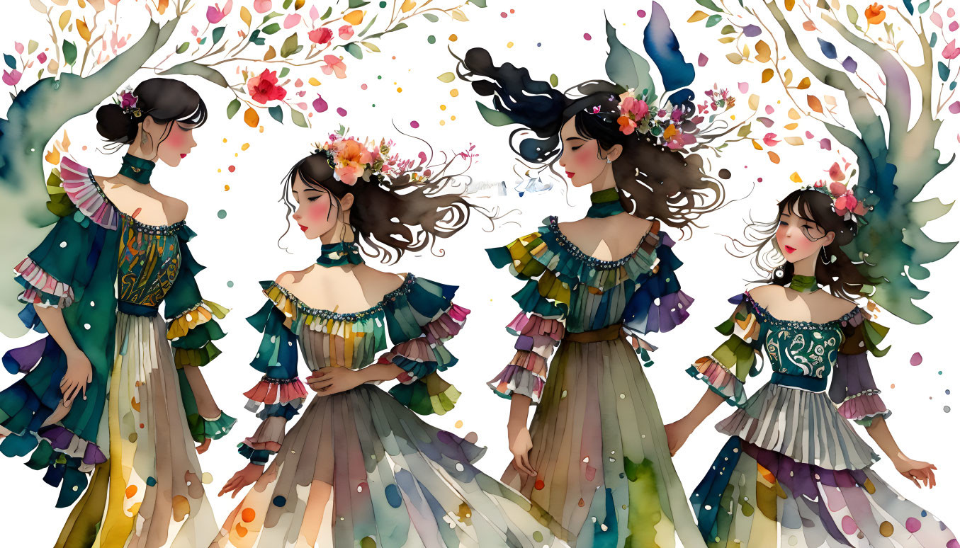 Whimsical floral dress illustrations with dynamic poses