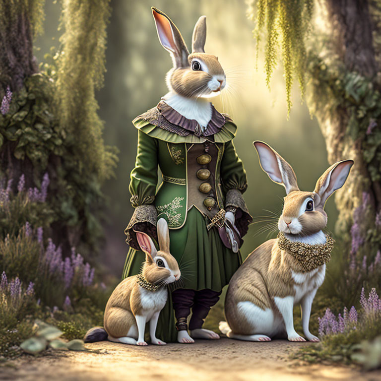 Anthropomorphized rabbits in forest with one in green coat