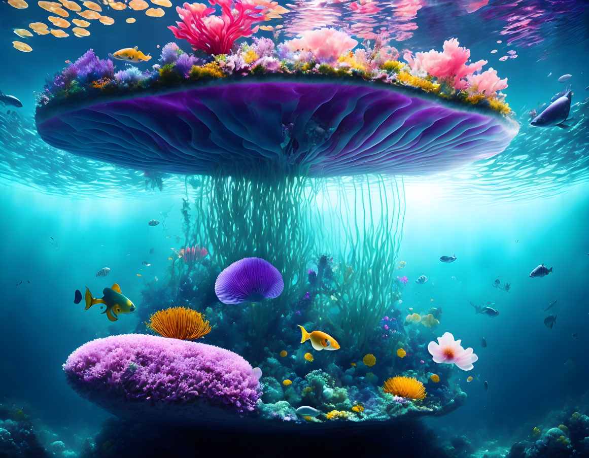 Colorful jellyfish in vibrant coral reef with tropical fish