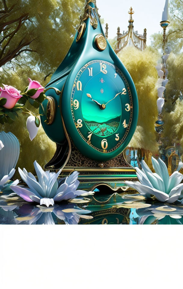 Whimsical teal clock surrounded by blooming flowers and fantasy palace