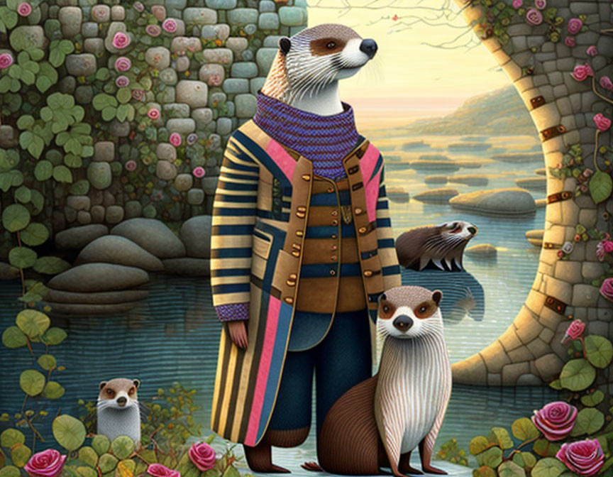 Anthropomorphic otter in striped coat by river with roses and stone arches