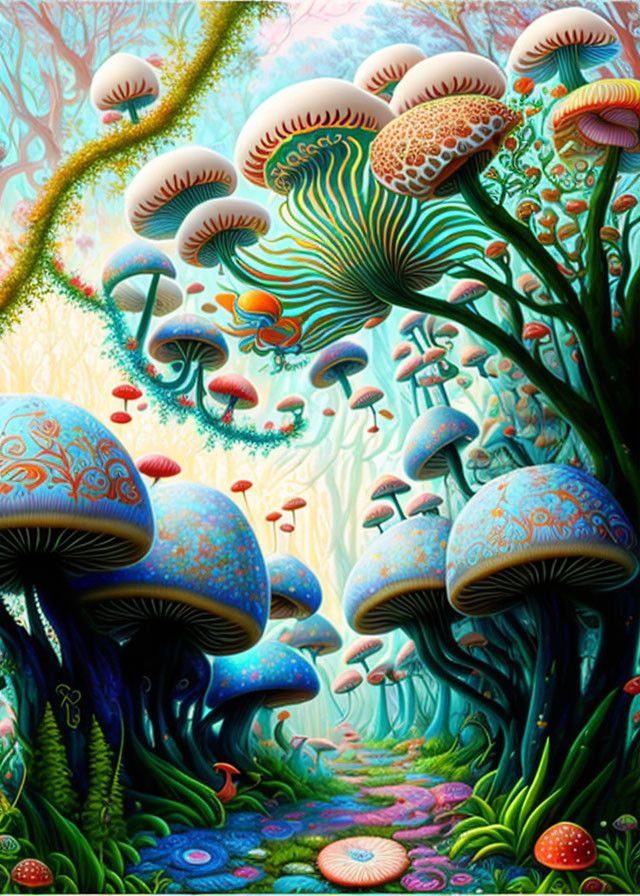 Colorful Stylized Mushroom Forest with Intricate Patterns