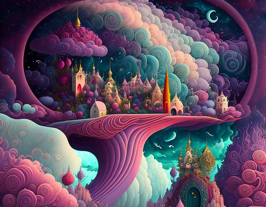 Whimsical landscape with castles, pink and purple clouds, starry sky, crescent moon