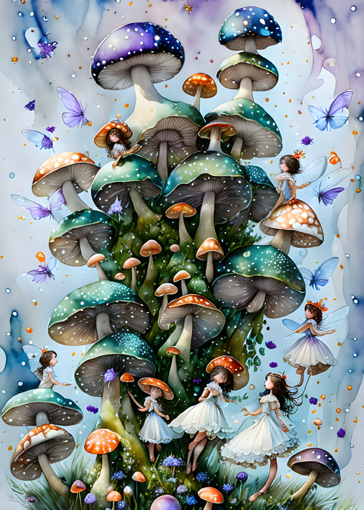 Whimsical fairy dance among oversized mushrooms in fantasy illustration