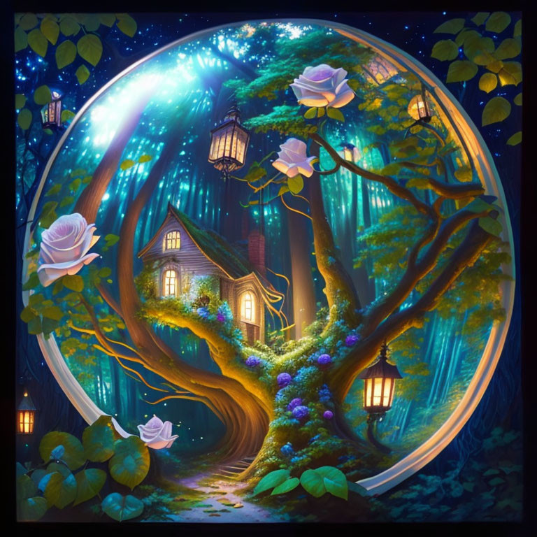 Illustration of house in tree with lanterns, foliage, and flowers in circular frame