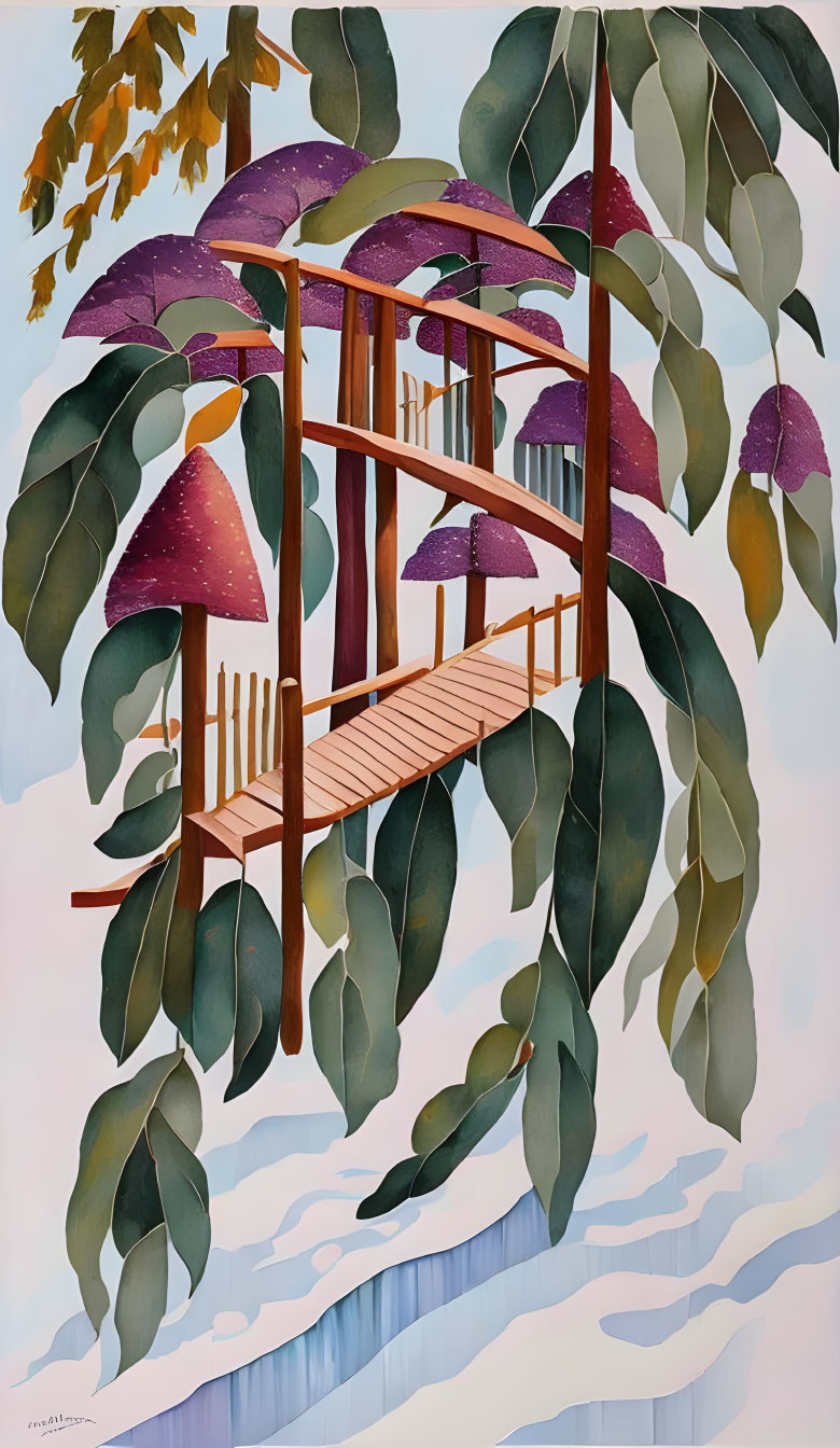 Whimsical treehouse painting with autumnal hues