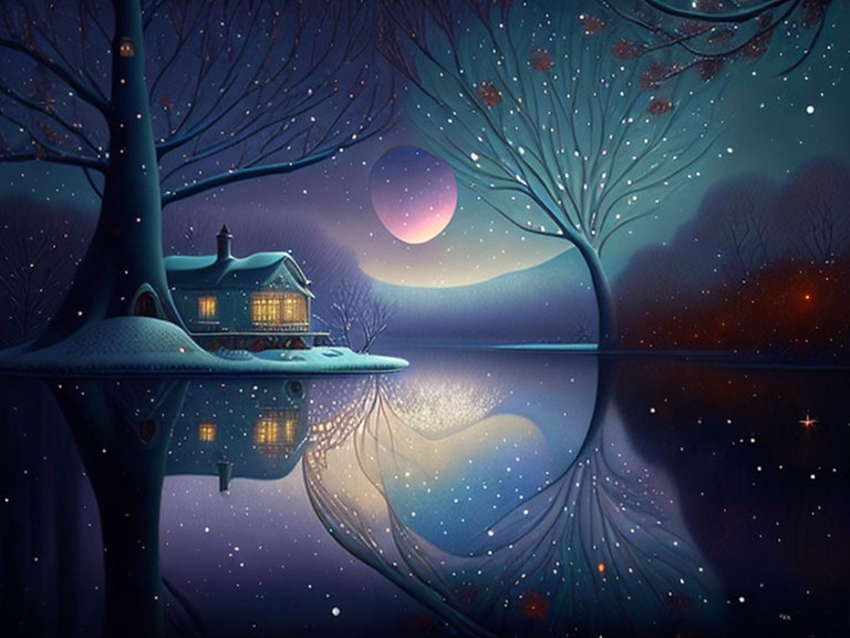 Cozy house on tree branch in whimsical night scene