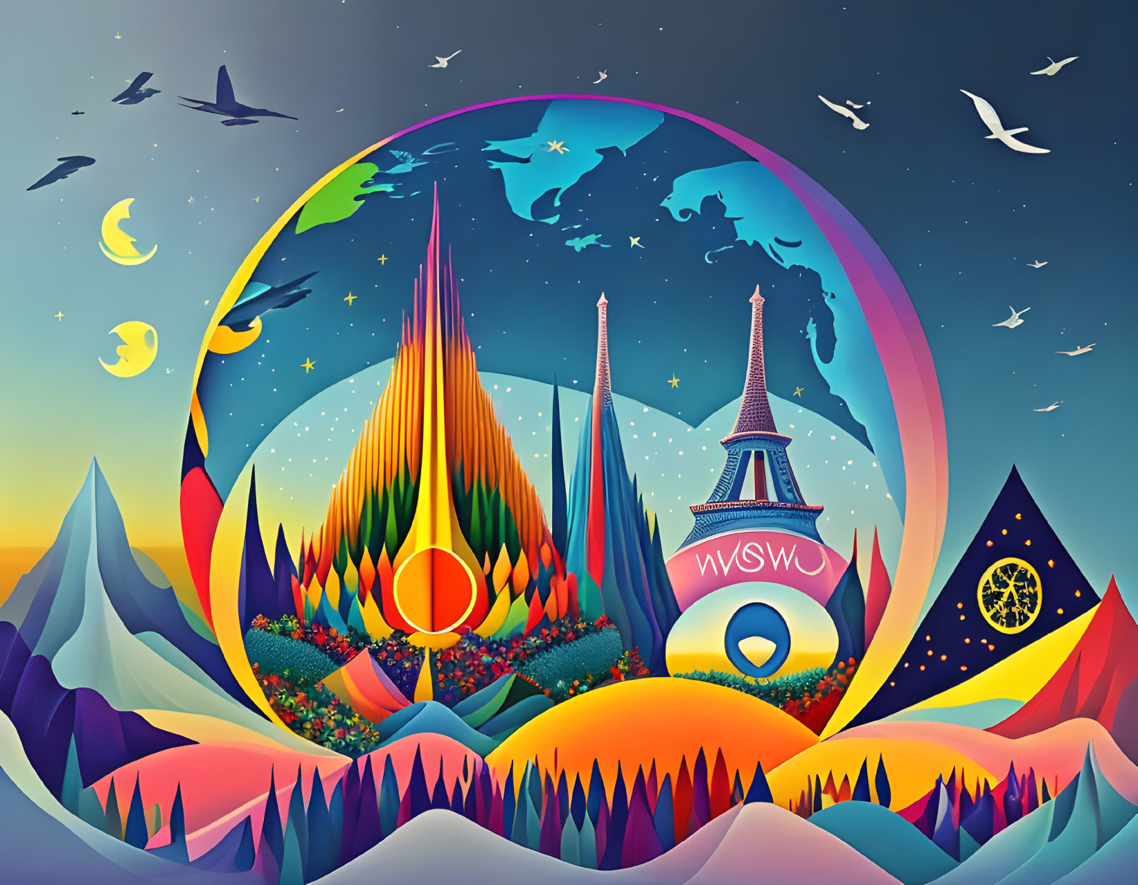 Colorful illustration: inverted Eiffel Tower, whimsical landscapes, sunset, birds, starry