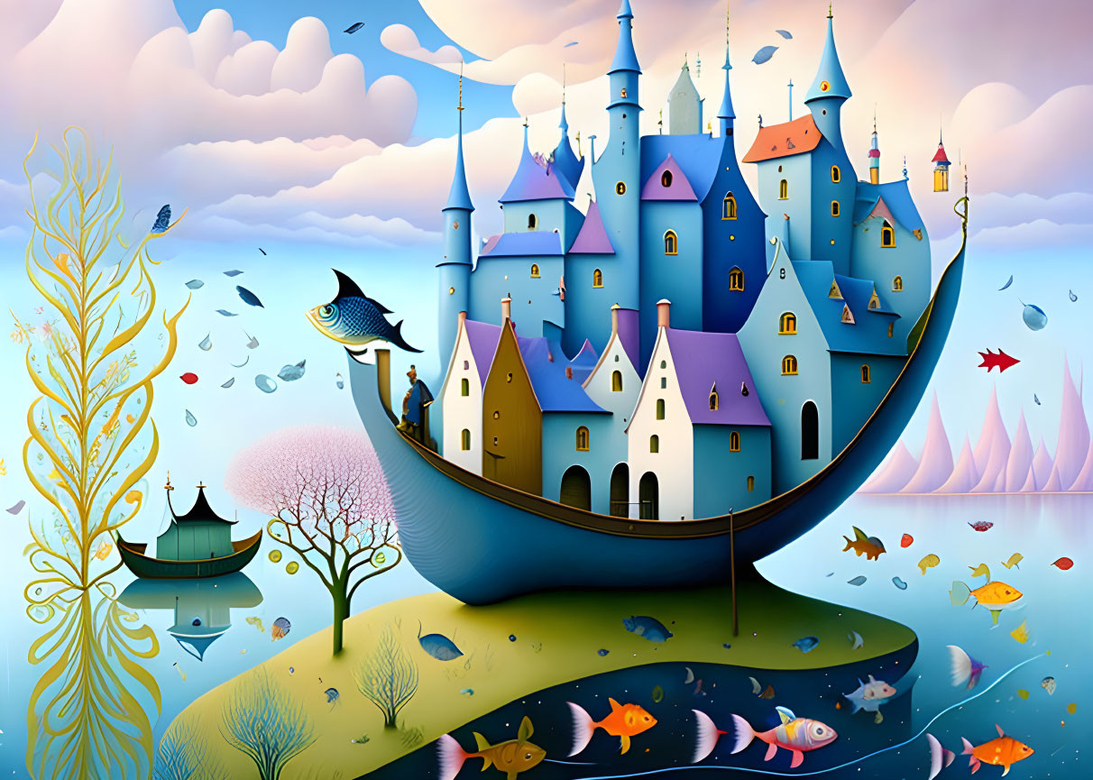 Fairytale castle on boat with colorful fish in surreal seascape