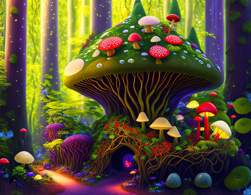 Vibrant forest scene with mushroom house and glowing plants