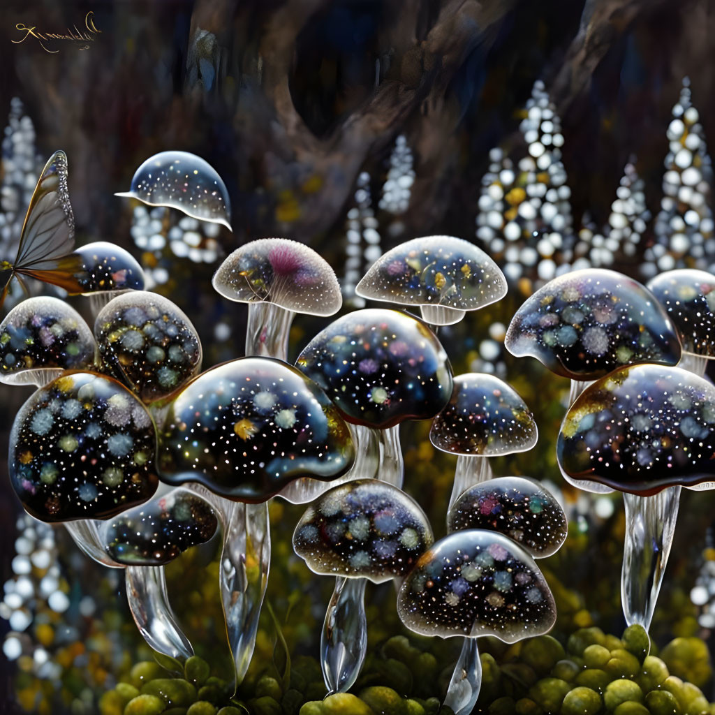 Glossy cosmic-patterned mushrooms with butterfly in forest setting