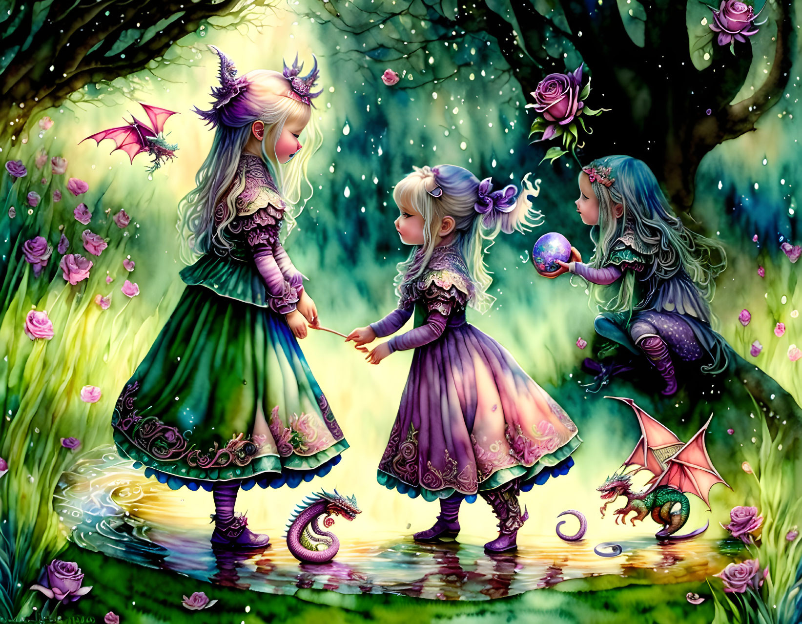 Fantasy scene: Three girls, dragon, crystal ball, lanterns in magical forest