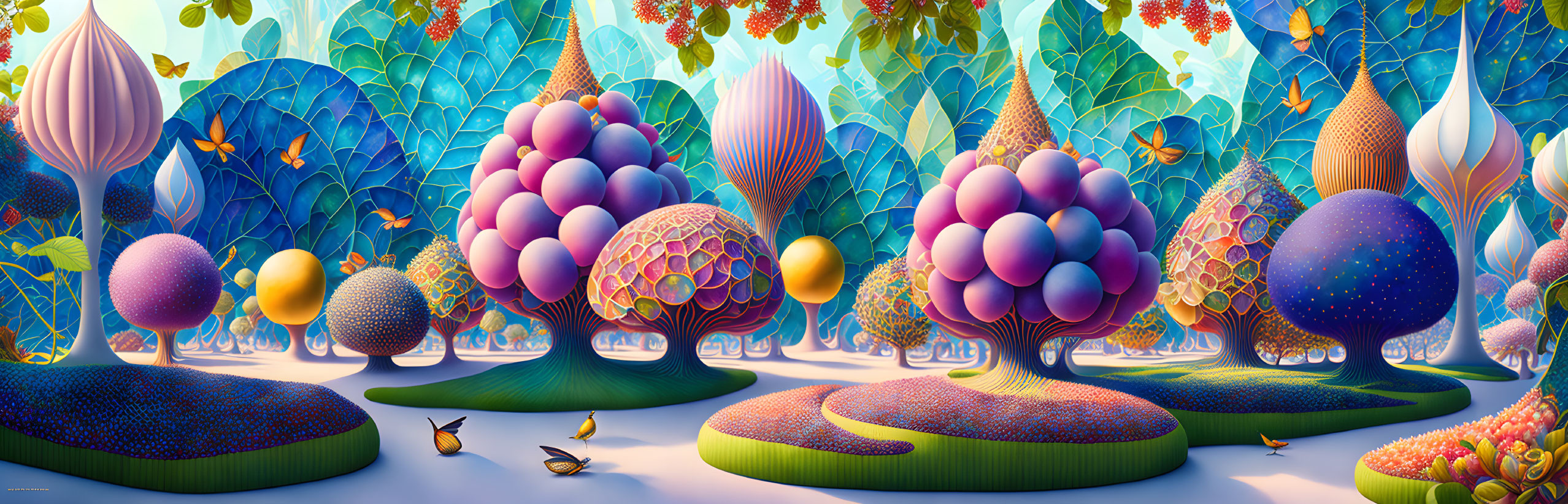 Colorful Fruit Trees and Whimsical Creatures in Vibrant Landscape