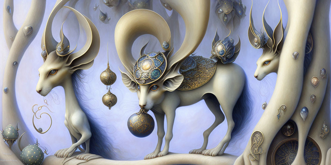 Surreal painting of ornate creatures with spiral horns on dreamlike blue background